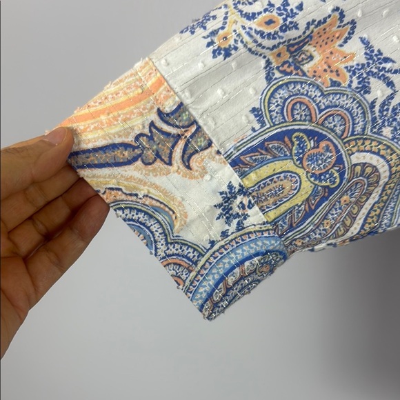 Chico's Dotted Swiss Semi-Sheer Blue, Coral & White Paisley 3/4 Sleeve Blouse 3 - Picture 5 of 12